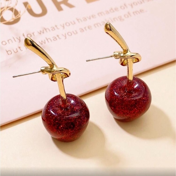 ✨NEW Glittering Red Apple sparkle Cherry gold Dangle hypoallergenic Earrings - Picture 2 of 5
